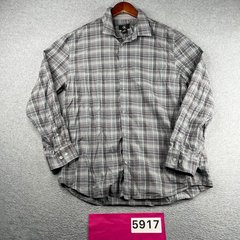 Calvin Klein Shirt Gray Plaid Casual Button Up Long Sleeve Mens Large